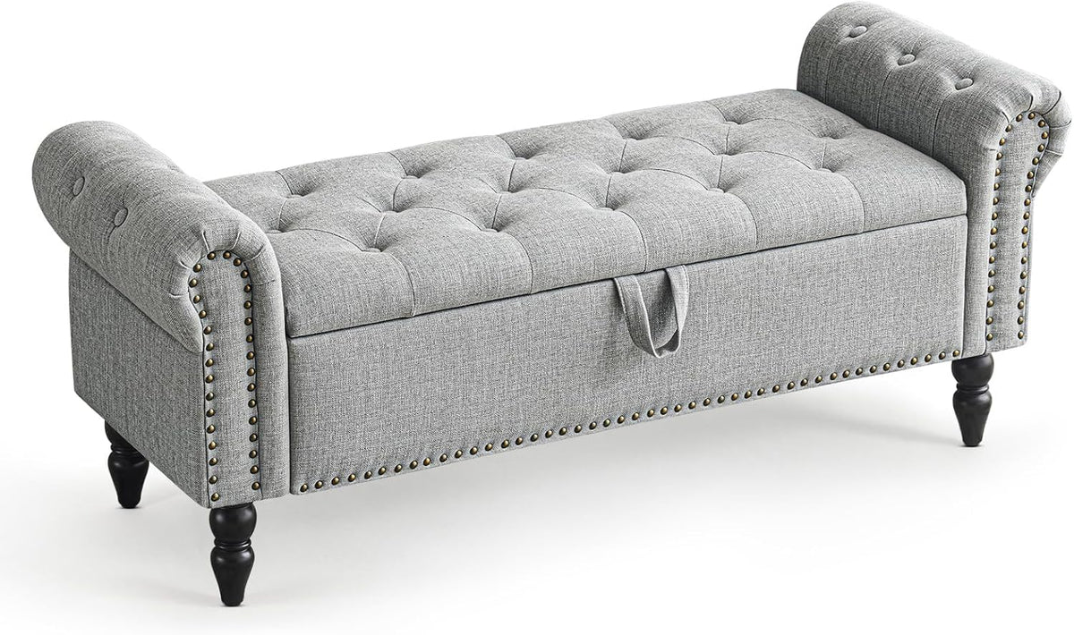 Furniliving Modern Storage Ottoman Bench, Sherpa Ottoman End of Bed Bench with Solid Wood Legs Upholstered Ottoman Benches with Storage Indoor Bench for Living Room with Rolled Arm, Entryway, White