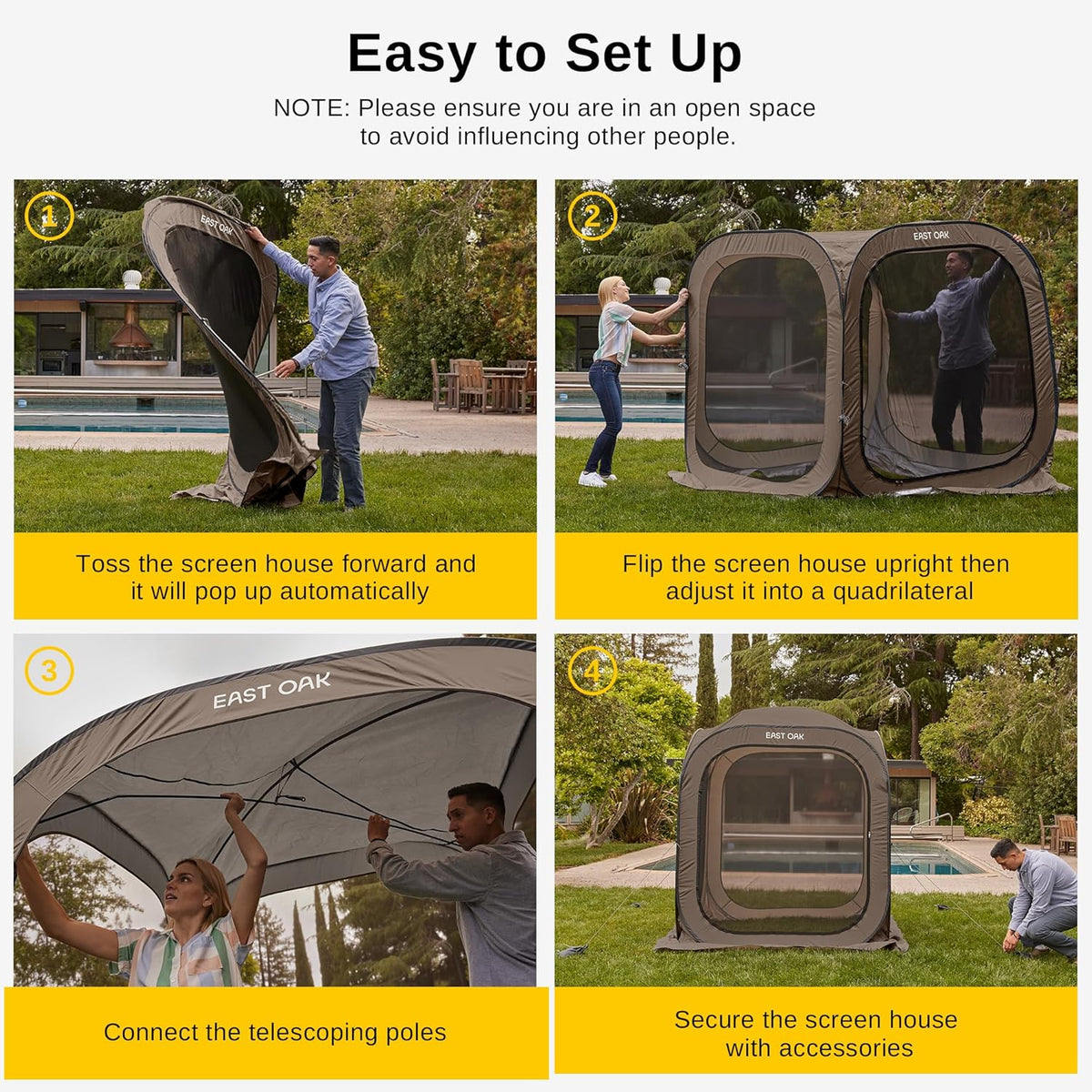 EAST OAK Screen House Tent Pop-Up, Portable Screen Room Canopy Instant Screen Tent 10 x 10 FT with Carry Bag for Patio, Backyard, Deck & Outdoor Activities, Beige