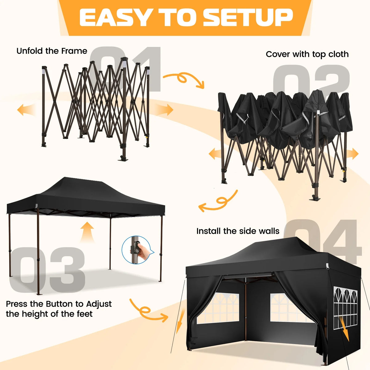 COBIZI 10x15 Pop Up Canopy Tent Heavy Duty with Sidewall, Commercial Outdoor Easy Pop Up Gazebo for Party Wedding All Weather Waterproof UV 50+ with Roller Bag(Leg Upgraded),Black