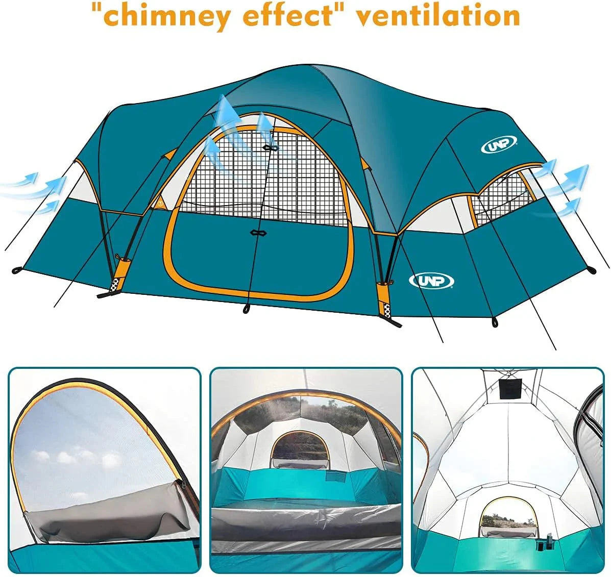 UNP Camping Tent 10-Person-Family Tents, Parties, Music Festival Tent, Big, Easy Up, 5 Large Mesh Windows, Double Layer, 2 Room, Waterproof, Weather Resistant, 18ft x 9ft x78in