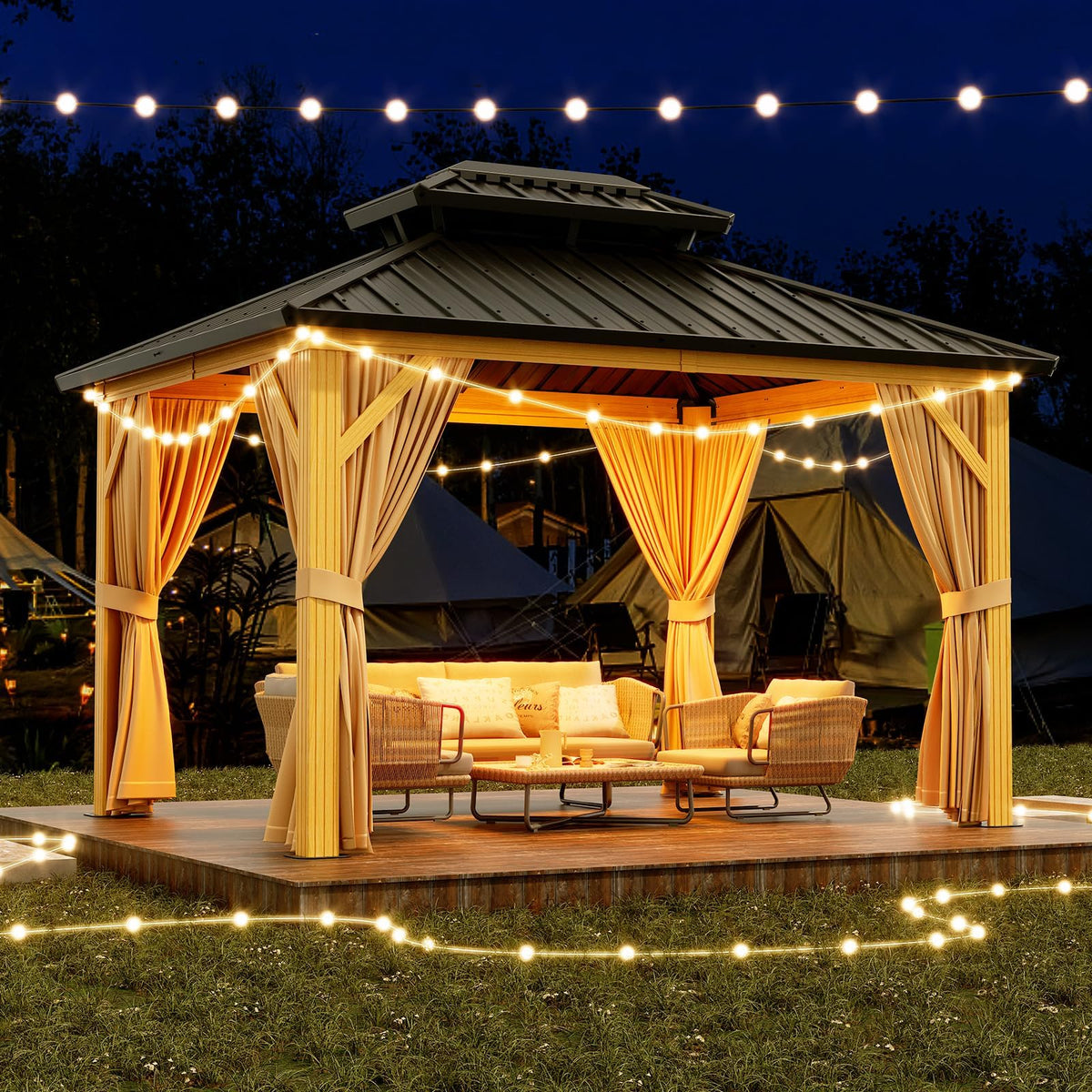 10X13 FT Outdoor Galvanised Steel Hardtop Gazebo, Heavy Duty Double Roof Outdoor Gazebo with Netting and Sunshade Curtains, Aluminium Framed Gazebo for Patio, Terrace, Lawn and Deck, Khaki