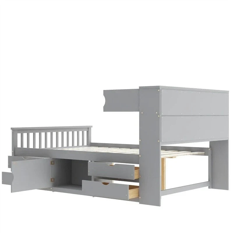 Twin/Full Size Captain Platform Bed with 4 Drawers and Storage Shelves, Solid Wood Bed Frame with Storage Bookcase Headboard