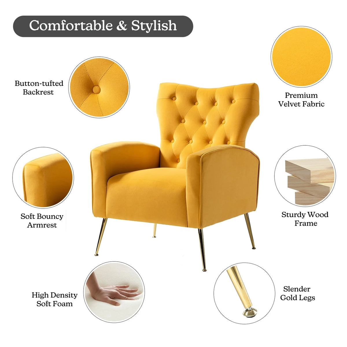 14 Karat Home Fall Home Decor Velvet Accent Chair Button Tufted Metal Legs Adult Living Room Mustard