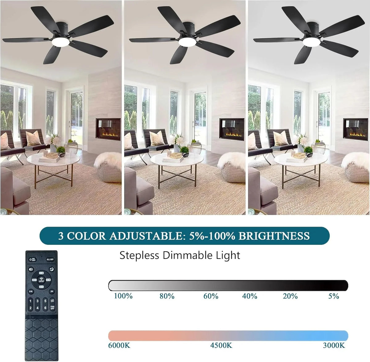 42 Inch Low Profile Ceiling Fans with Lights and Remote, Flush Mount Modern Ceiling Fan, 3 CC T DC Ceiling Fan for Bedroom, Living Room, Brushed Nickel