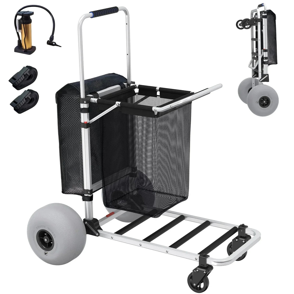GDLF Foldable Beach Cart with Adjustable Handle and 12" Balloon Wheels, Heavy Duty Aluminum 220LBS Capacity
