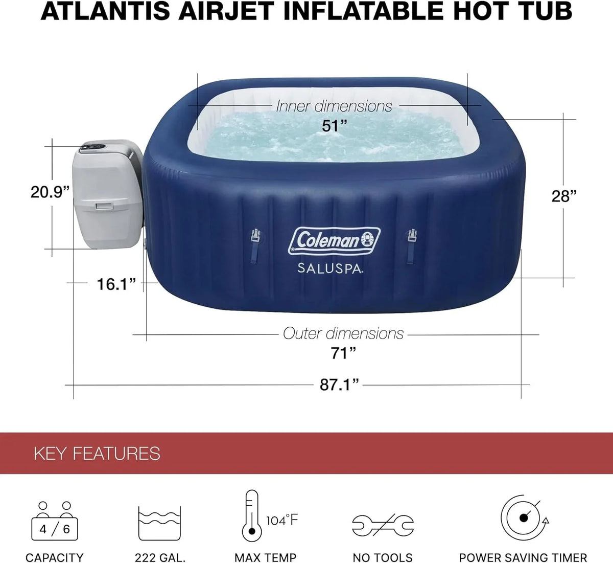4 to 6 Person Inflatable Hot Tub Square Portable Outdoor Spa with 114 Soothing AirJets and Insulated Cover, Gray-Coleman