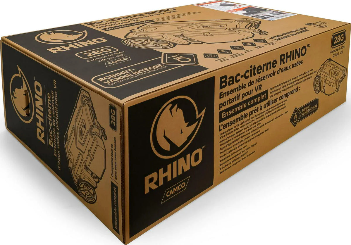 Camco Rhino Heavy Duty 28 Gallon Portable RV Waste Holding Tank with Hose and Accessories Durable Leak Free and Odorless RV Tote Tank (39004)