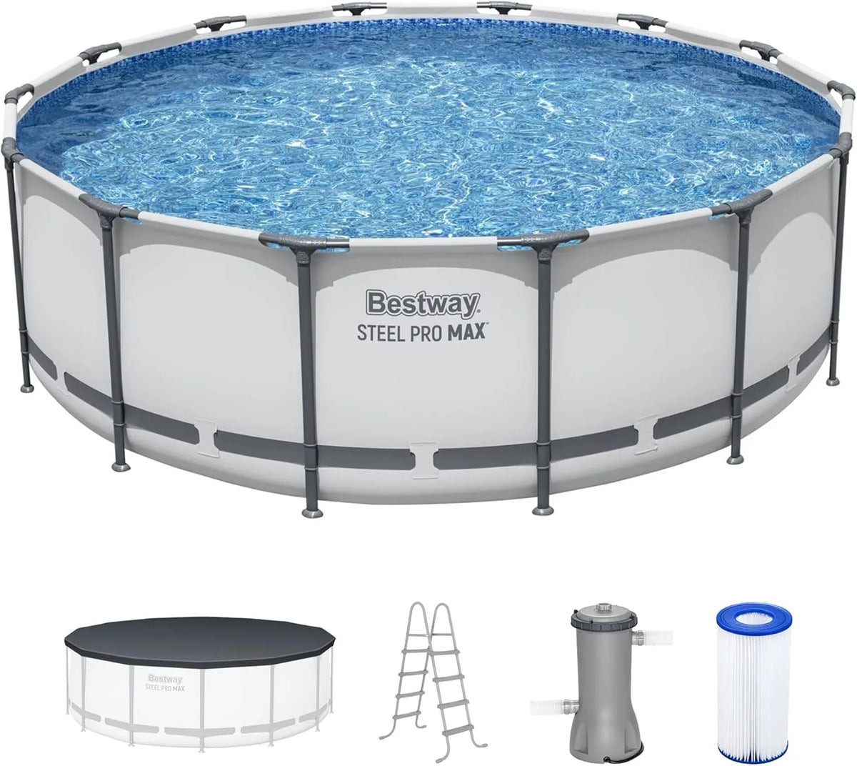 Steel Pro MAX 14 Foot x 48 Inch Round Metal Frame Above Ground Outdoor Swimming Pool Set with 1,000 Filter Pump, Ladder, and Cover, Gray