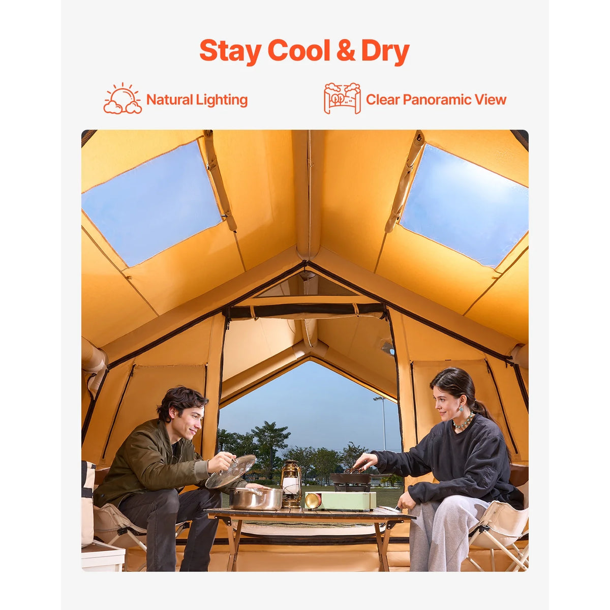 KFFKFF Inflatable Tent for Camping, 15.75 x 11.81 x 7.22 Ft Glamping Blow up Tent for 8-12 People, Air-Filled Camping Shelters, Outdoor Living Tent with Dual Sunroofs, Stove Jack