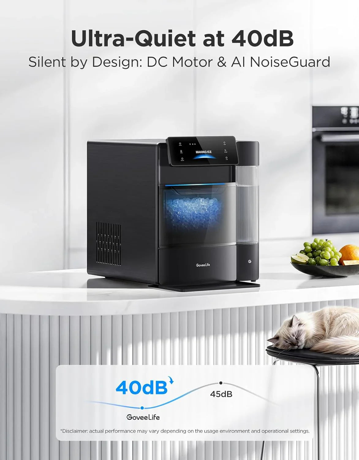 GoveeLife Smart Nugget Ice Maker Pro, 60lbs Daily, 6-Minute First Ice, 40dB Ultra-Quiet with AI NoiseGuard, App & Voice Control, Self-Clean, 3.5lbs Basket & Dual Water Tanks, for Home Kitchen, Party