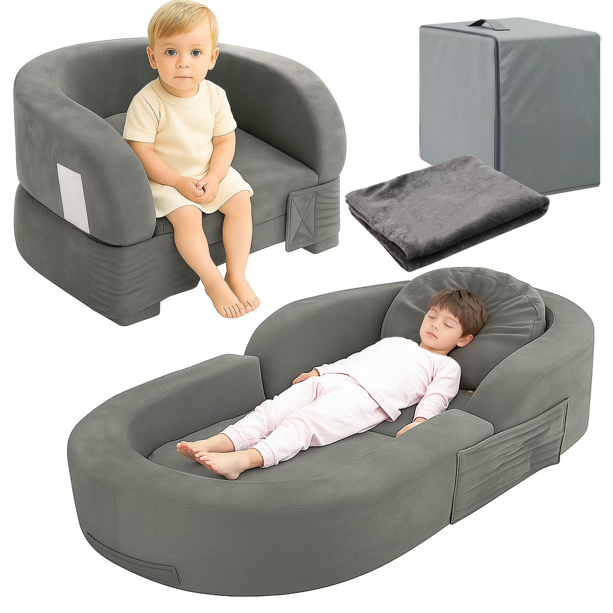 Coumy Toddler Travel Bed 2-in-1 Kids Sofa Chair with Removable Cover, Soft Foam Portable Foldable Toddler Bed for Travel with Carrying Bag, Blue