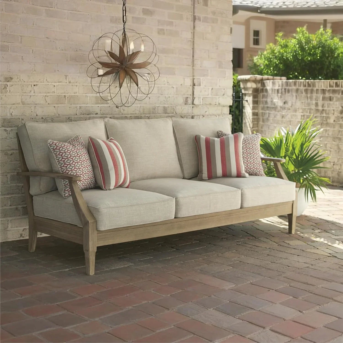 Signature Design by Ashley Clare View Coastal Outdoor Patio Eucalyptus Sofa with Cushions, Beige