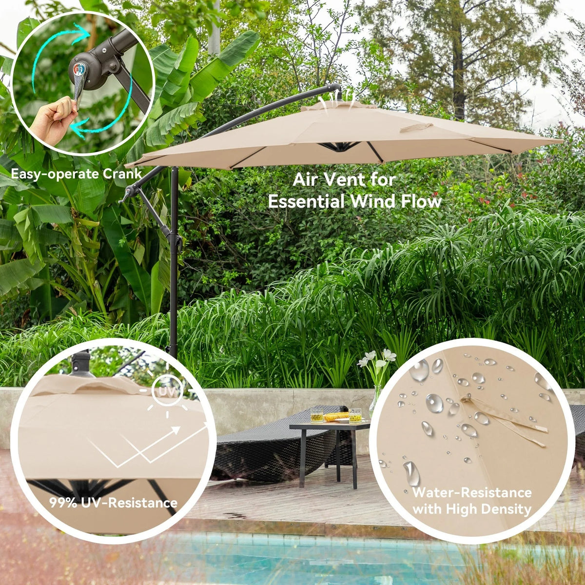 JUSTLET 10ft Heavy Duty Patio Hanging Offset Cantilever Patio Umbrella W/ 4-Piece Base Included Included, Beige