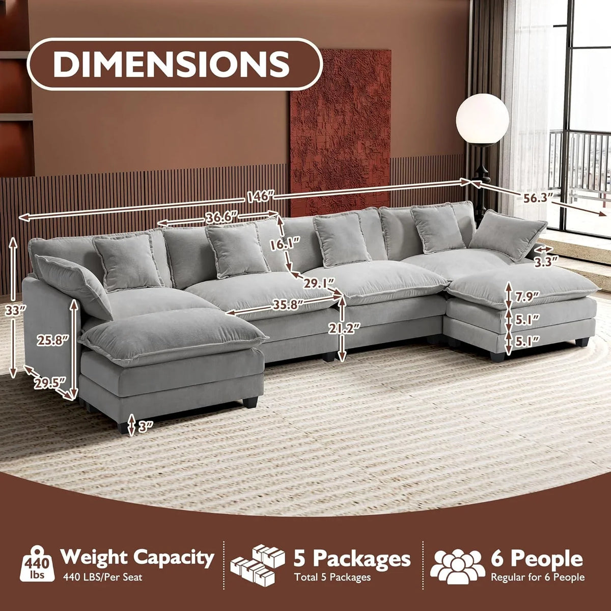 Ihanherry 146" U-Shaped Modern Sofa Modular Sectional Cloud Couch with 2 Ottoman, 6-Seat Chenille Deep Seat Sofa with 6 Pillows for Living Room, Bedroom and Apartment, Grey