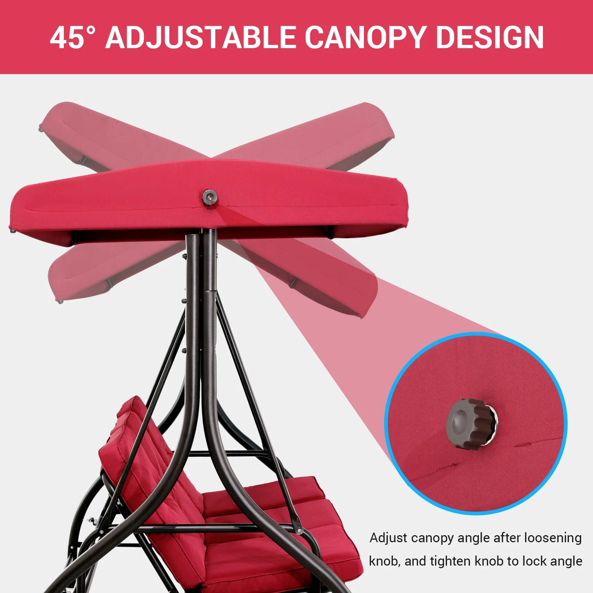 Pirecart 3 Person Patio Porch Swing Outdoor Converting Swing Glider Hammock with Adjustable Canopy, Cushions, Red