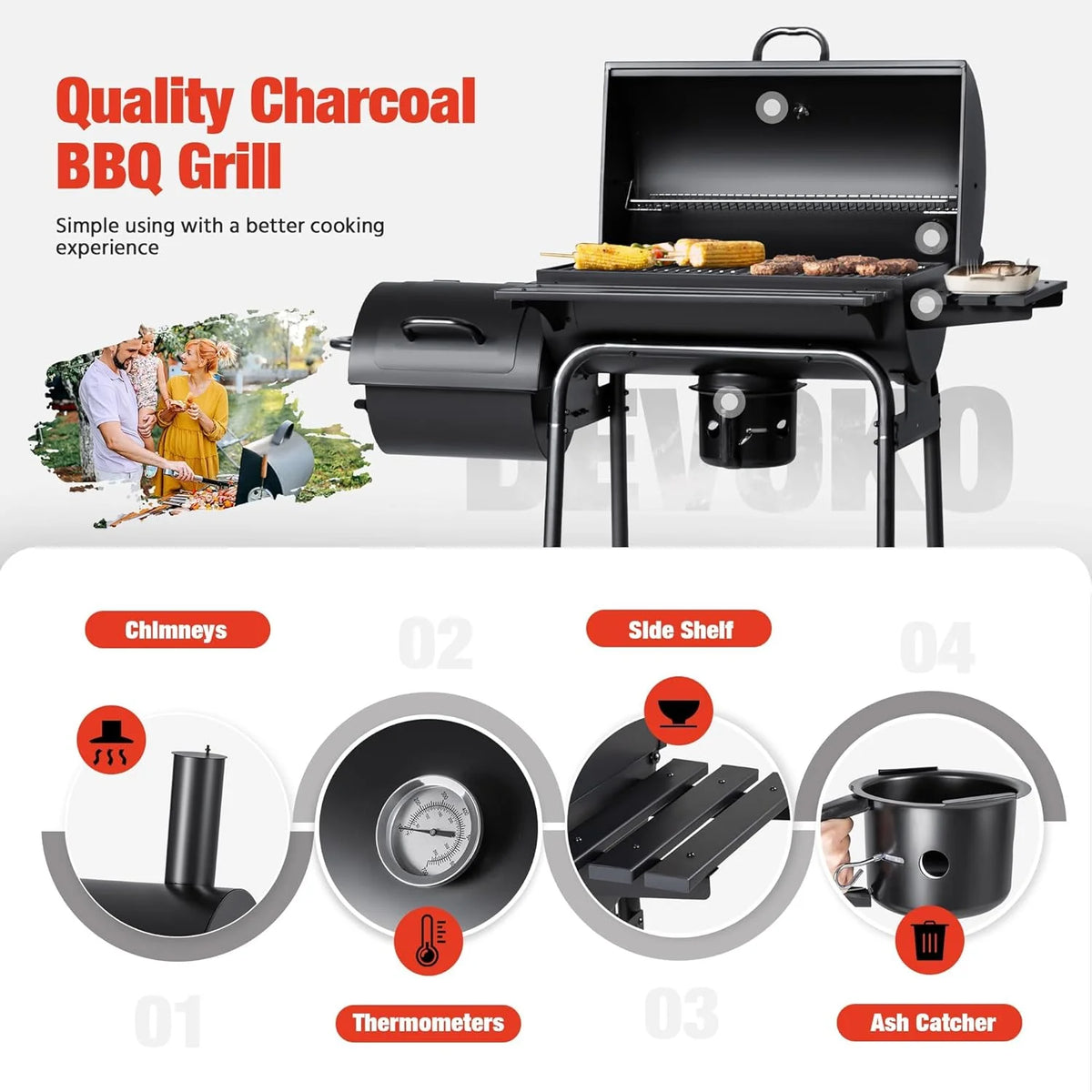 Devoko Charcoal Grill, Outdoor BBQ Grill with Offset Smoker and Side Table for Garden and Parties