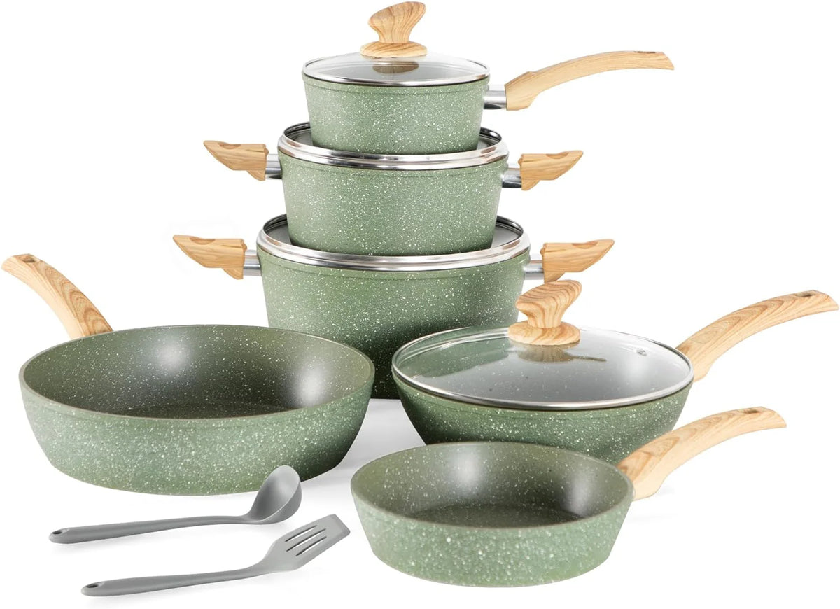 Kitchen Academy Induction Cookware Sets - 12 Piece Green Cooking Pan Set, Granite Nonstick Pots and Pans Set