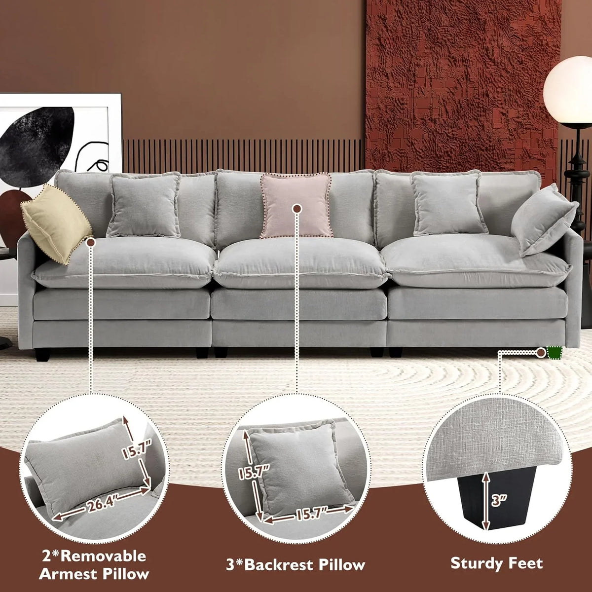 Ihanherry 146" U-Shaped Modern Sofa Modular Sectional Cloud Couch with 2 Ottoman, 6-Seat Chenille Deep Seat Sofa with 6 Pillows for Living Room, Bedroom and Apartment, Grey