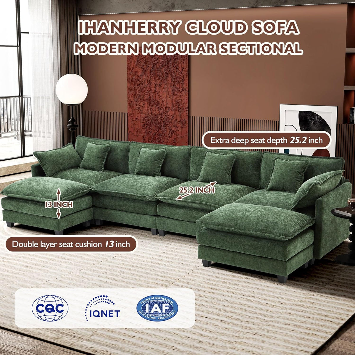 Ihanherry 146" U-Shaped Modern Sofa Modular Sectional Cloud Couch with 2 Ottoman, 6-Seat Chenille Deep Seat Sofa with 6 Pillows for Living Room, Bedroom and Apartment, Grey