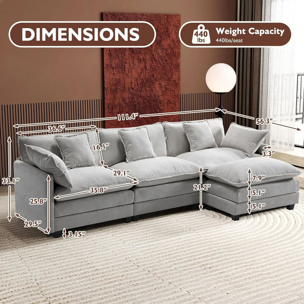 Ihanherry 146" U-Shaped Modern Sofa Modular Sectional Cloud Couch with 2 Ottoman, 6-Seat Chenille Deep Seat Sofa with 6 Pillows for Living Room, Bedroom and Apartment, Grey