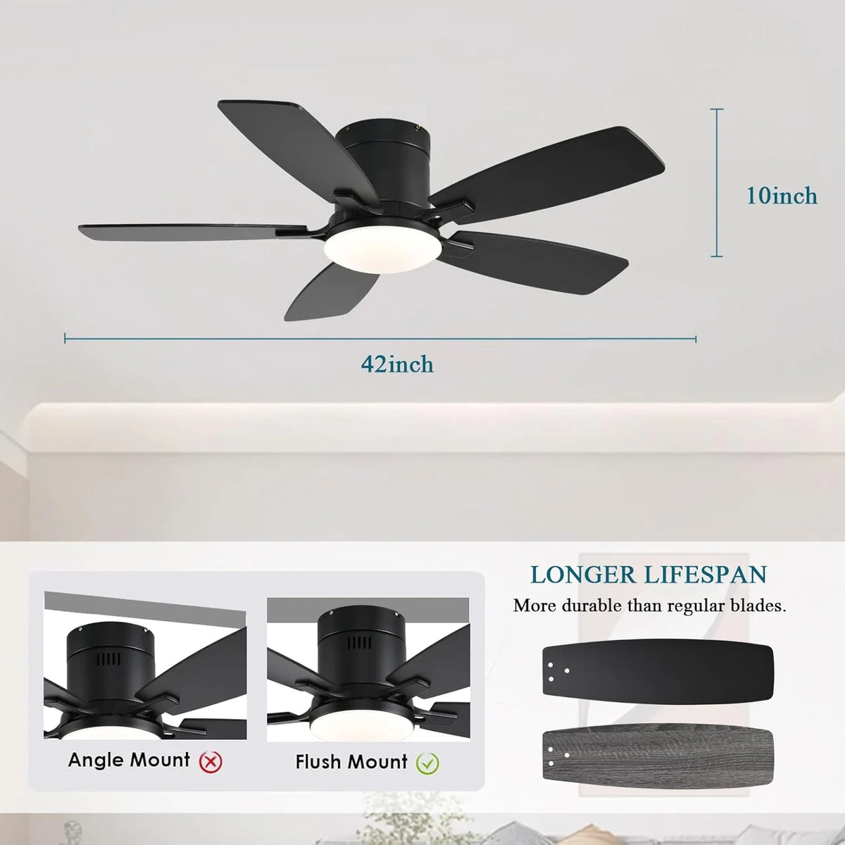 42 Inch Low Profile Ceiling Fans with Lights and Remote, Flush Mount Modern Ceiling Fan, 3 CC T DC Ceiling Fan for Bedroom, Living Room, Brushed Nickel