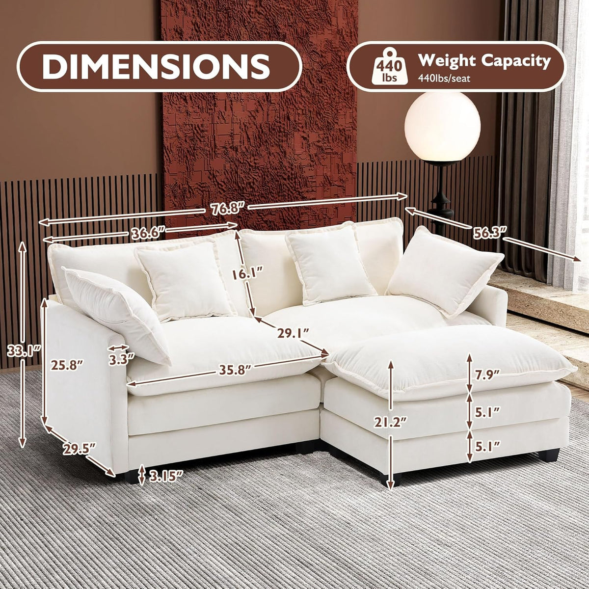 Ihanherry 146" U-Shaped Modern Sofa Modular Sectional Cloud Couch with 2 Ottoman, 6-Seat Chenille Deep Seat Sofa with 6 Pillows for Living Room, Bedroom and Apartment, Grey