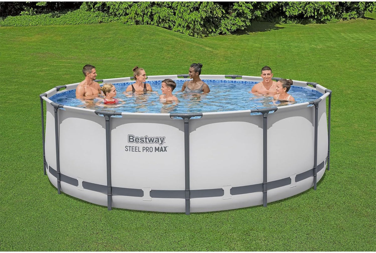 Steel Pro MAX 14 Foot x 48 Inch Round Metal Frame Above Ground Outdoor Swimming Pool Set with 1,000 Filter Pump, Ladder, and Cover, Gray