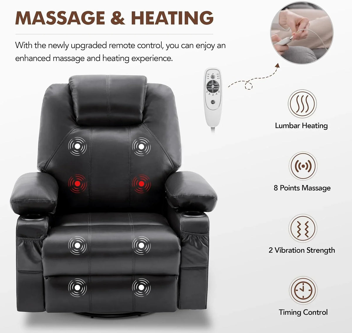 Oversized Swivel Rocker Recliner Chair with Heat and Massage, 360 Degree Swivel Rocking Single Sofa with Cup Holders and USB Port, Large Big Recliner Chair for Living Room (Leather, Brown)
