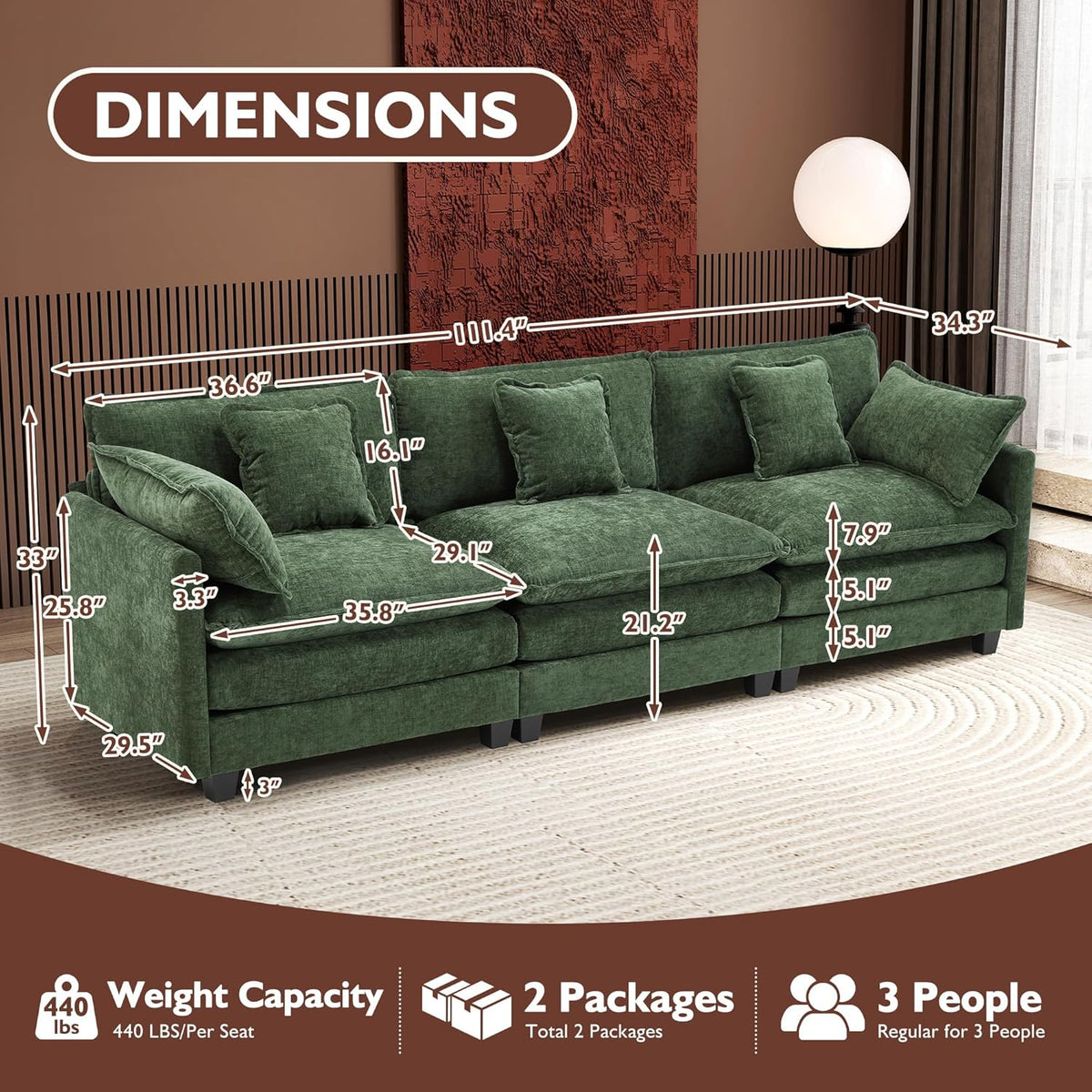 Ihanherry 146" U-Shaped Modern Sofa Modular Sectional Cloud Couch with 2 Ottoman, 6-Seat Chenille Deep Seat Sofa with 6 Pillows for Living Room, Bedroom and Apartment, Grey