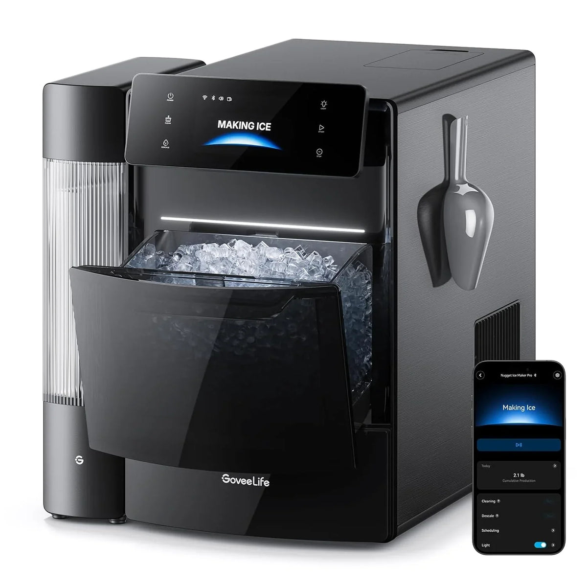 GoveeLife Smart Nugget Ice Maker Pro, 60lbs Daily, 6-Minute First Ice, 40dB Ultra-Quiet with AI NoiseGuard, App & Voice Control, Self-Clean, 3.5lbs Basket & Dual Water Tanks, for Home Kitchen, Party