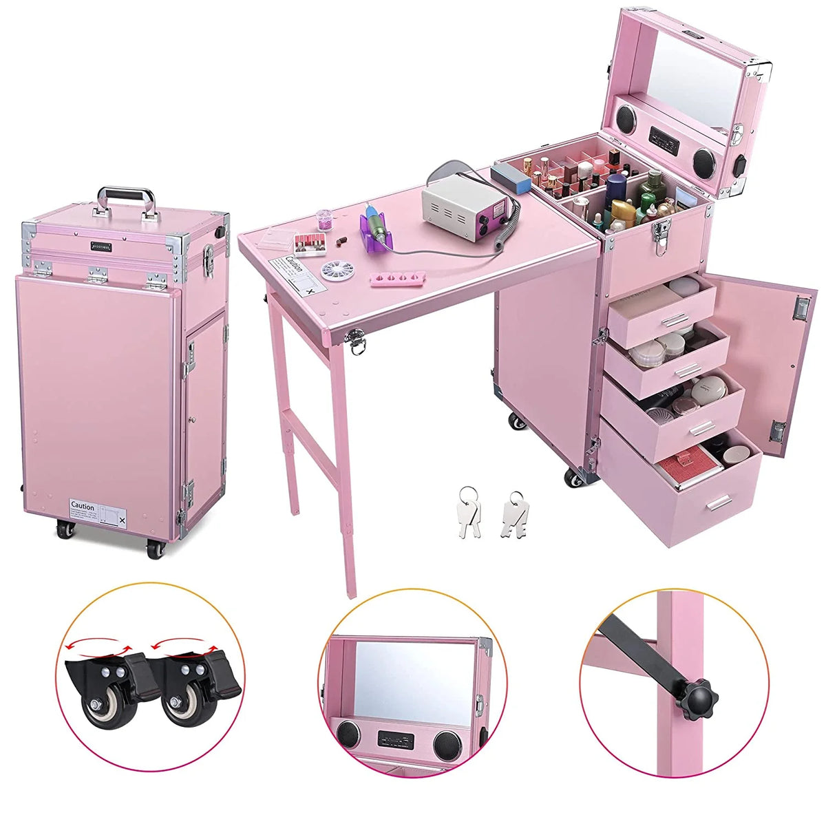 Byootique Portable Nail Desk & Makeup Station with Mirror, 4 Drawers, Bluetooth, USB, Pink