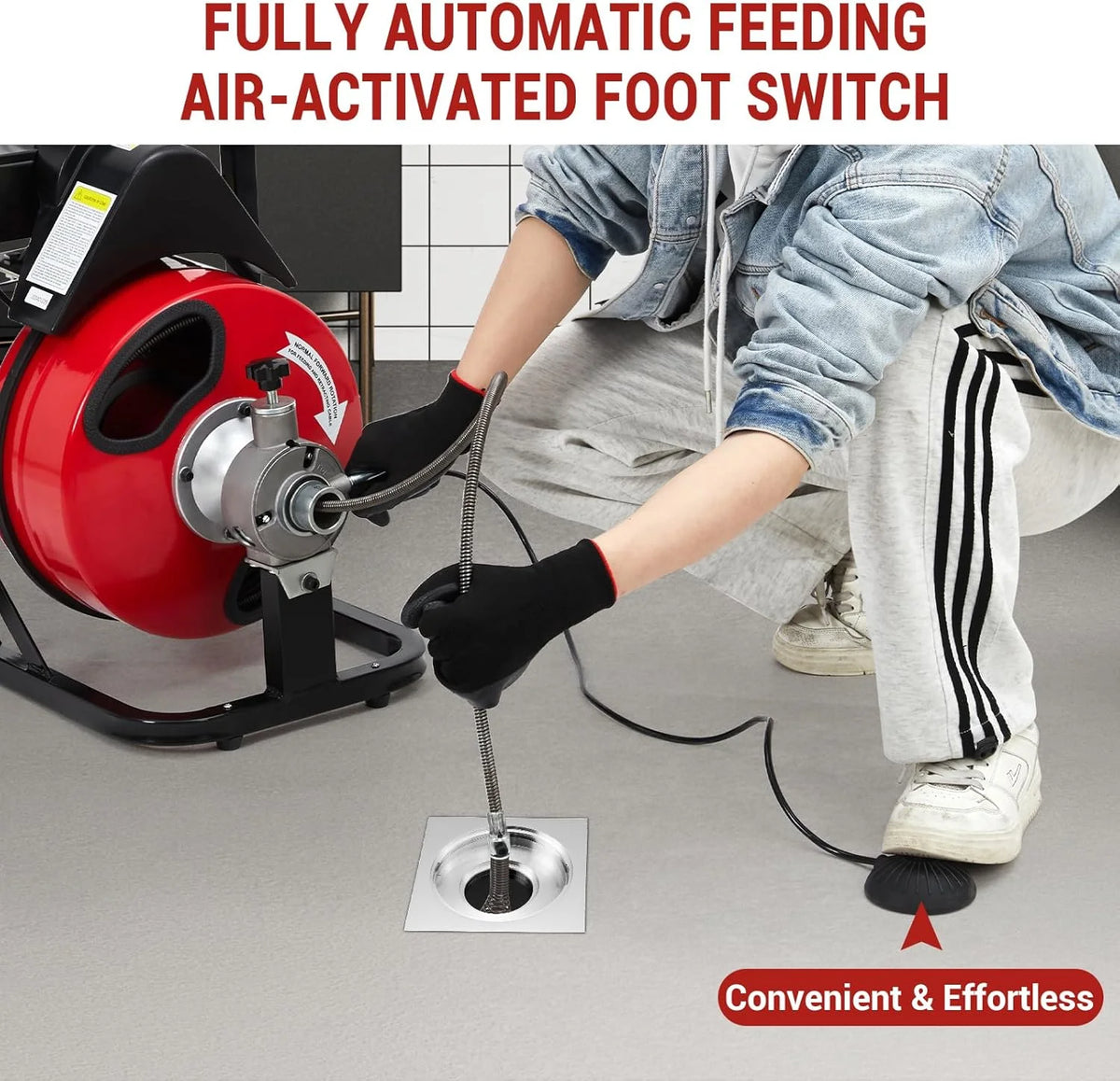 Telyswee Drain Cleaner Machine 100ft x 1/2inch Auto-feed Electric Drain Auger for 1in to 4in Pipes, w/ 8 Cutters & Air-activated Foot Switch, 250W/370W 1700RPM Drain Sewer Snake Drain Auger Cleaner