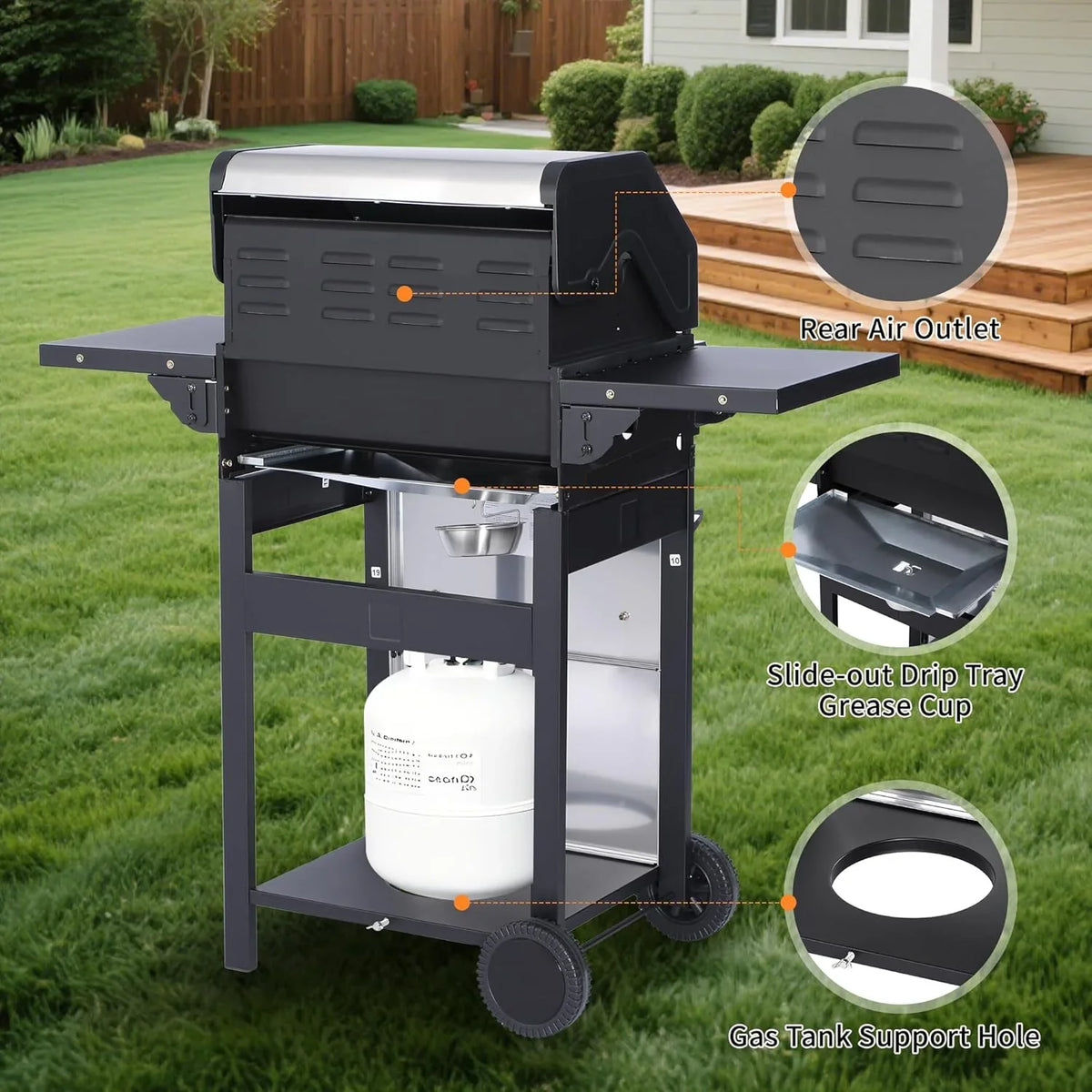 3-Burner Propane Gas Grill with 30,000 BTU Output - Double-layer Stainless Steel Grill Lid, Cast Iron Cooking Grids, Easy-Clean Grease Management & Even Heat Distribution for Perfect BBQs