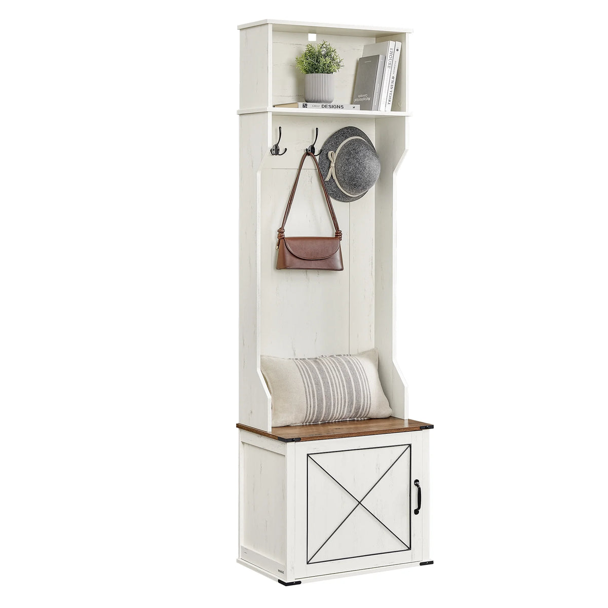 Farmhouse-Inspired Entryway Organizer, Triple Hooks & Built-In Shoe Bench, Hall Tree Entryway Bench for Mudroom & Foyer, Space-Saving Coat Rack with Storage Cabinet, Rustic White and Honey Brown