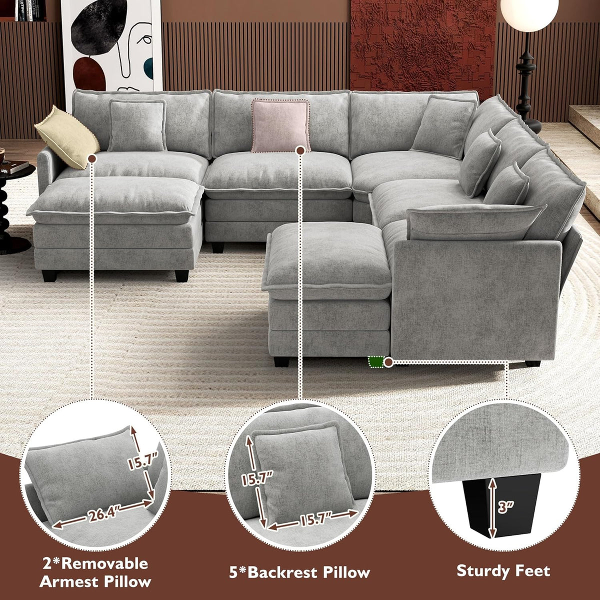 Ihanherry 146" U-Shaped Modern Sofa Modular Sectional Cloud Couch with 2 Ottoman, 6-Seat Chenille Deep Seat Sofa with 6 Pillows for Living Room, Bedroom and Apartment, Grey