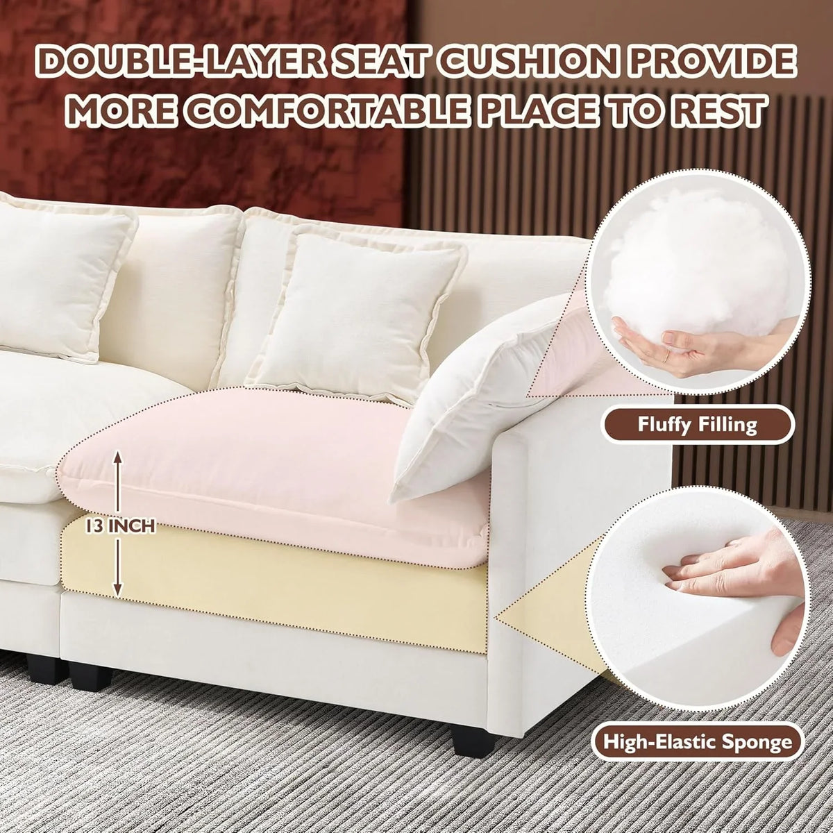 Ihanherry 146" U-Shaped Modern Sofa Modular Sectional Cloud Couch with 2 Ottoman, 6-Seat Chenille Deep Seat Sofa with 6 Pillows for Living Room, Bedroom and Apartment, Grey