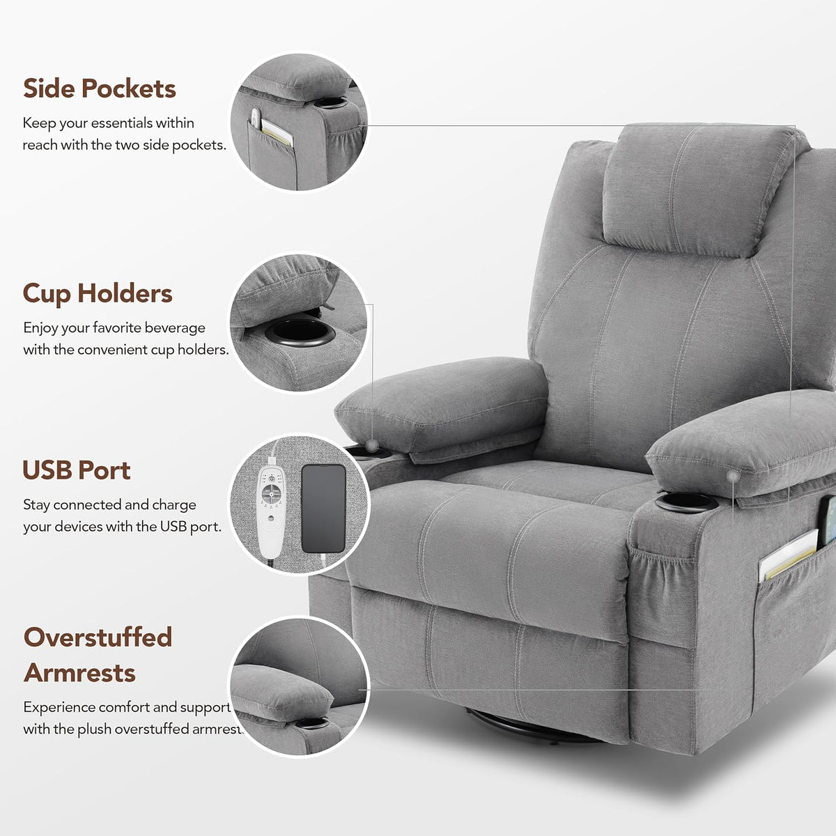 Oversized Swivel Rocker Recliner Chair with Heat and Massage, 360 Degree Swivel Rocking Single Sofa with Cup Holders and USB Port, Large Big Recliner Chair for Living Room (Leather, Brown)