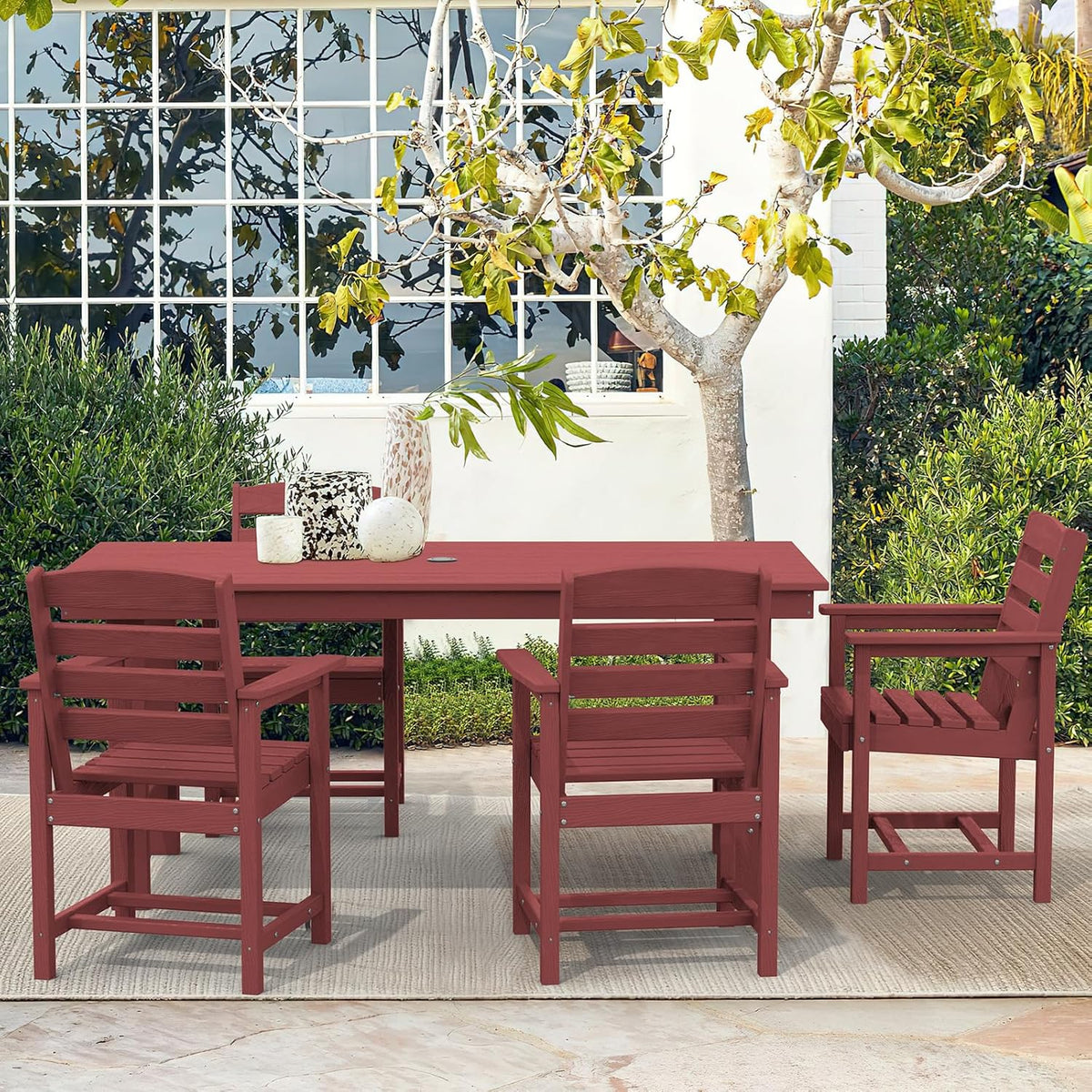 SERWALL 7-Piece Patio Table Set, Outdoor HDPE Dining Furniture with Umbrella Hole, All Weather Table and Chairs for Lawn, Garden, Poolside, Aruba