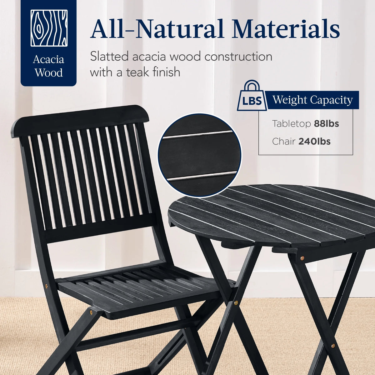 Best Choice Products 3-Piece Acacia Wood Bistro Set, Folding Patio Furniture w/ 2 Chairs, Table - Natural