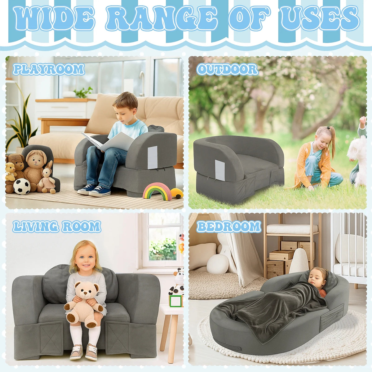 Coumy Toddler Travel Bed 2-in-1 Kids Sofa Chair with Removable Cover, Soft Foam Portable Foldable Toddler Bed for Travel with Carrying Bag, Blue