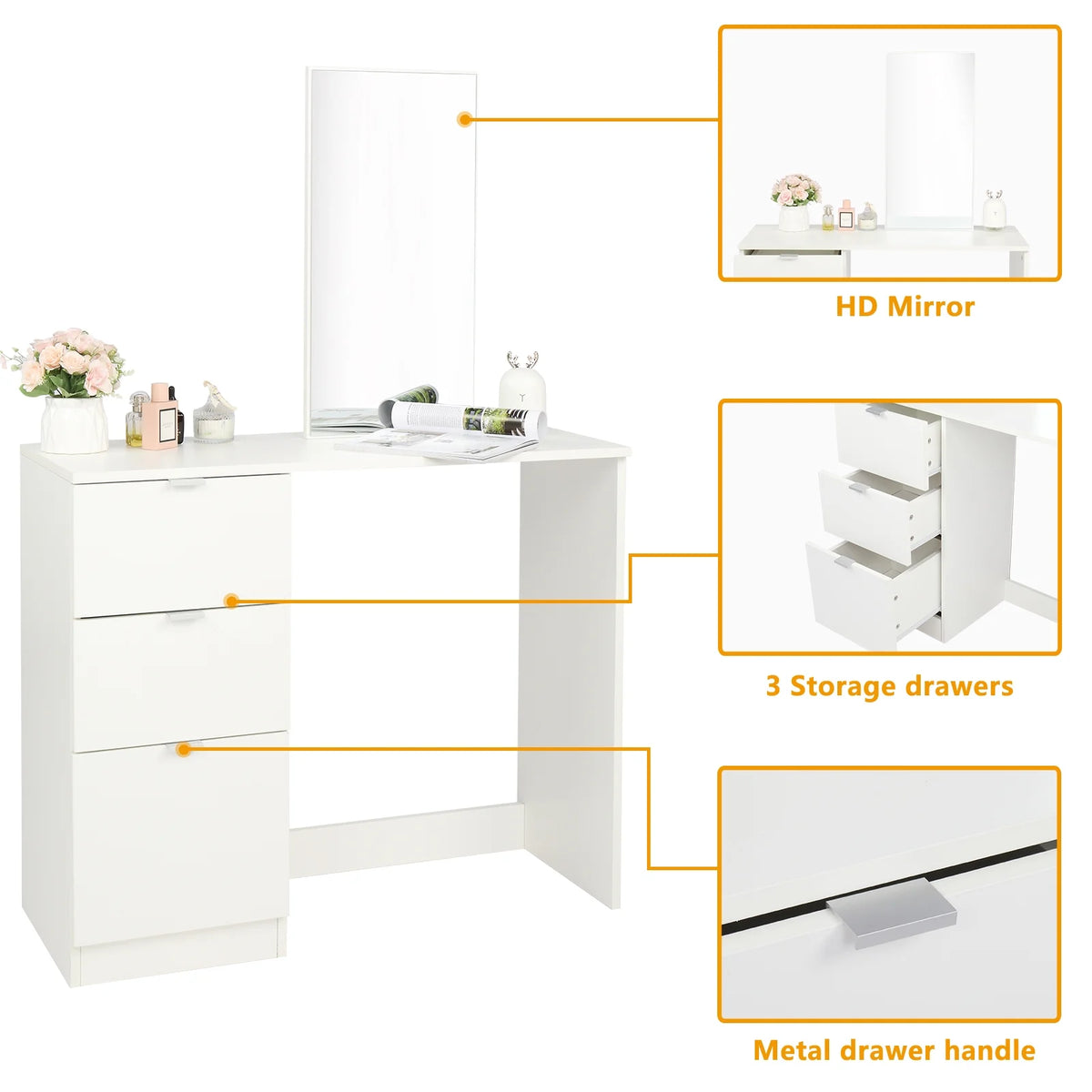 Ktaxon Vanity Set with 3 Color Lighted Mirror, Makeup Table with 6 Drawers, Dressing Table Makeup Desk with Stool, White