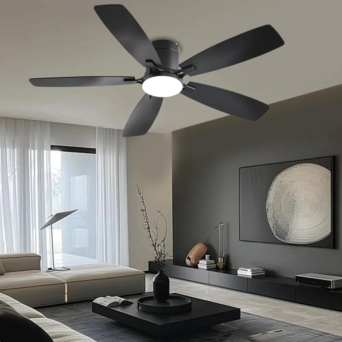 42 Inch Low Profile Ceiling Fans with Lights and Remote, Flush Mount Modern Ceiling Fan, 3 CC T DC Ceiling Fan for Bedroom, Living Room, Brushed Nickel