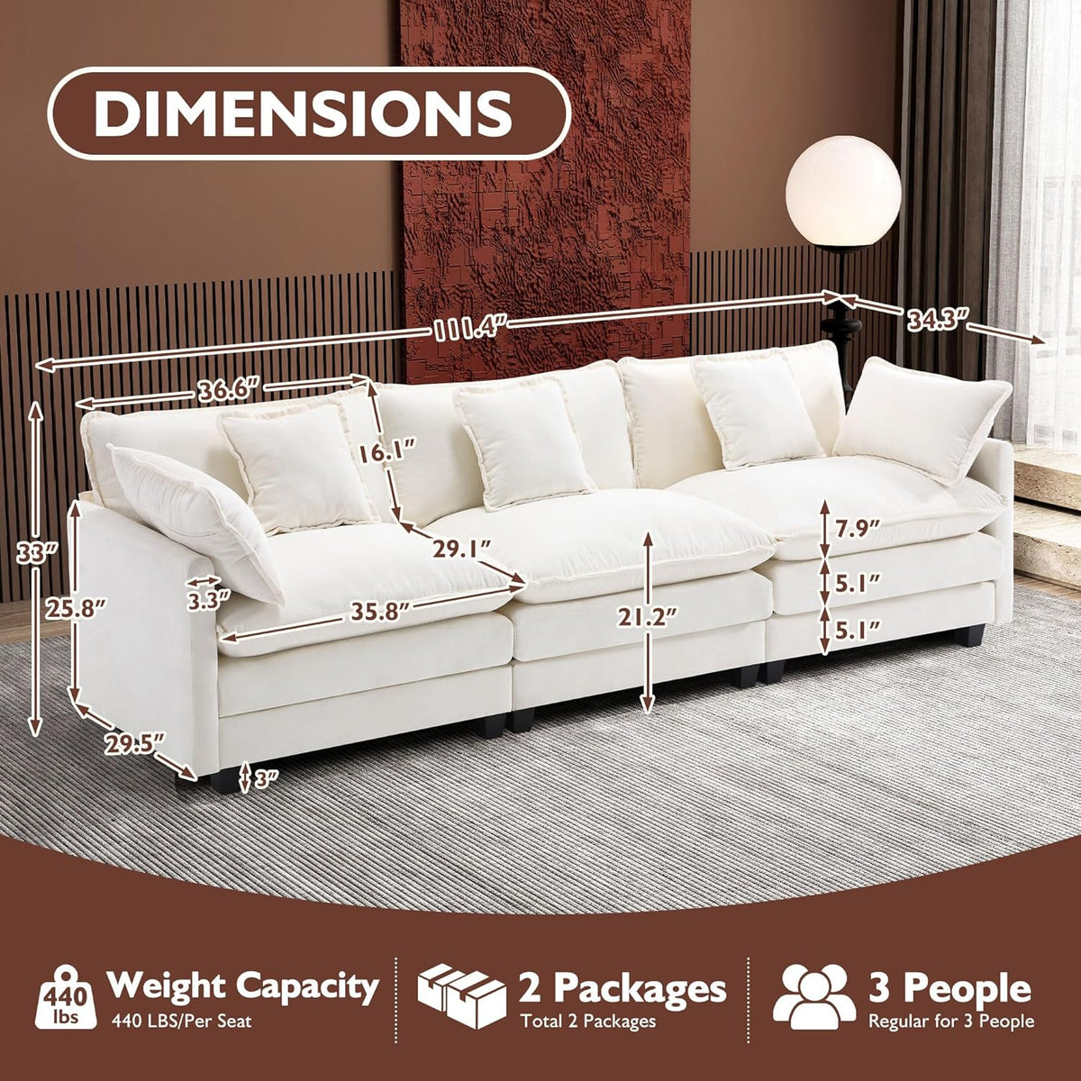 Ihanherry 146" U-Shaped Modern Sofa Modular Sectional Cloud Couch with 2 Ottoman, 6-Seat Chenille Deep Seat Sofa with 6 Pillows for Living Room, Bedroom and Apartment, Grey