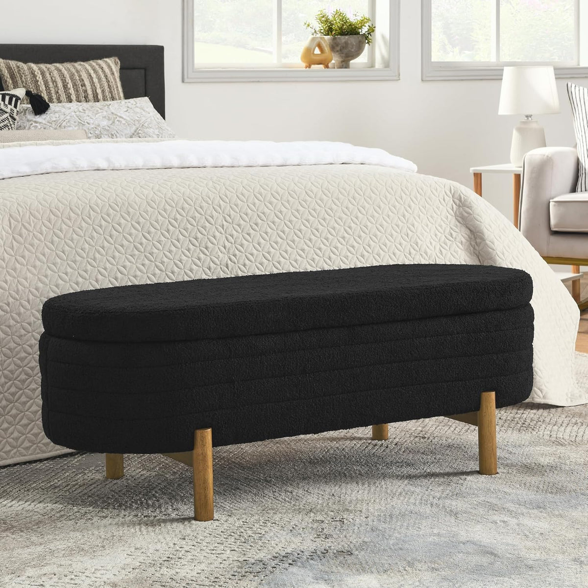 Furniliving Modern Storage Ottoman Bench, Sherpa Ottoman End of Bed Bench with Solid Wood Legs Upholstered Ottoman Benches with Storage Indoor Bench for Living Room with Rolled Arm, Entryway, White