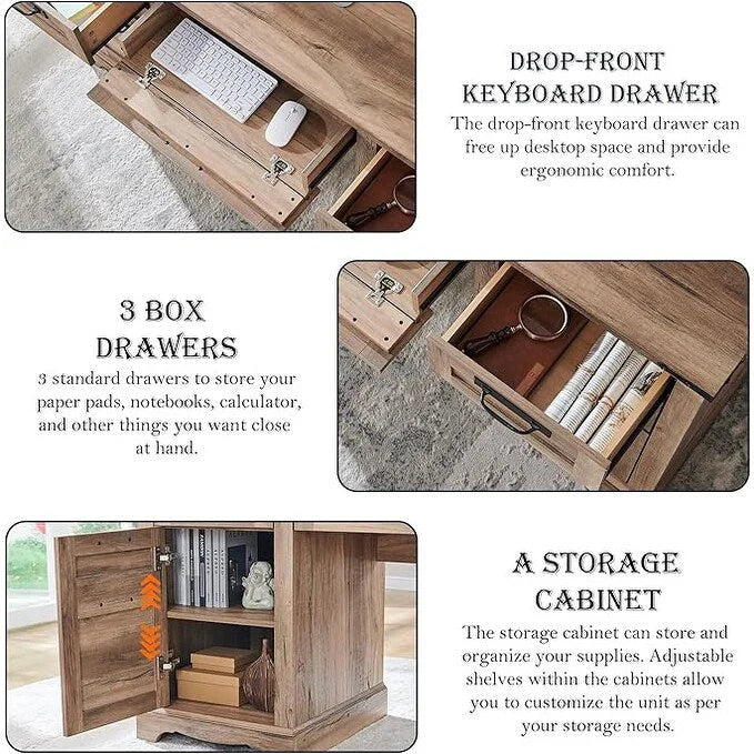 60 Farmhouse Executive Desk, Wood Home Office Desk, Computer Desk