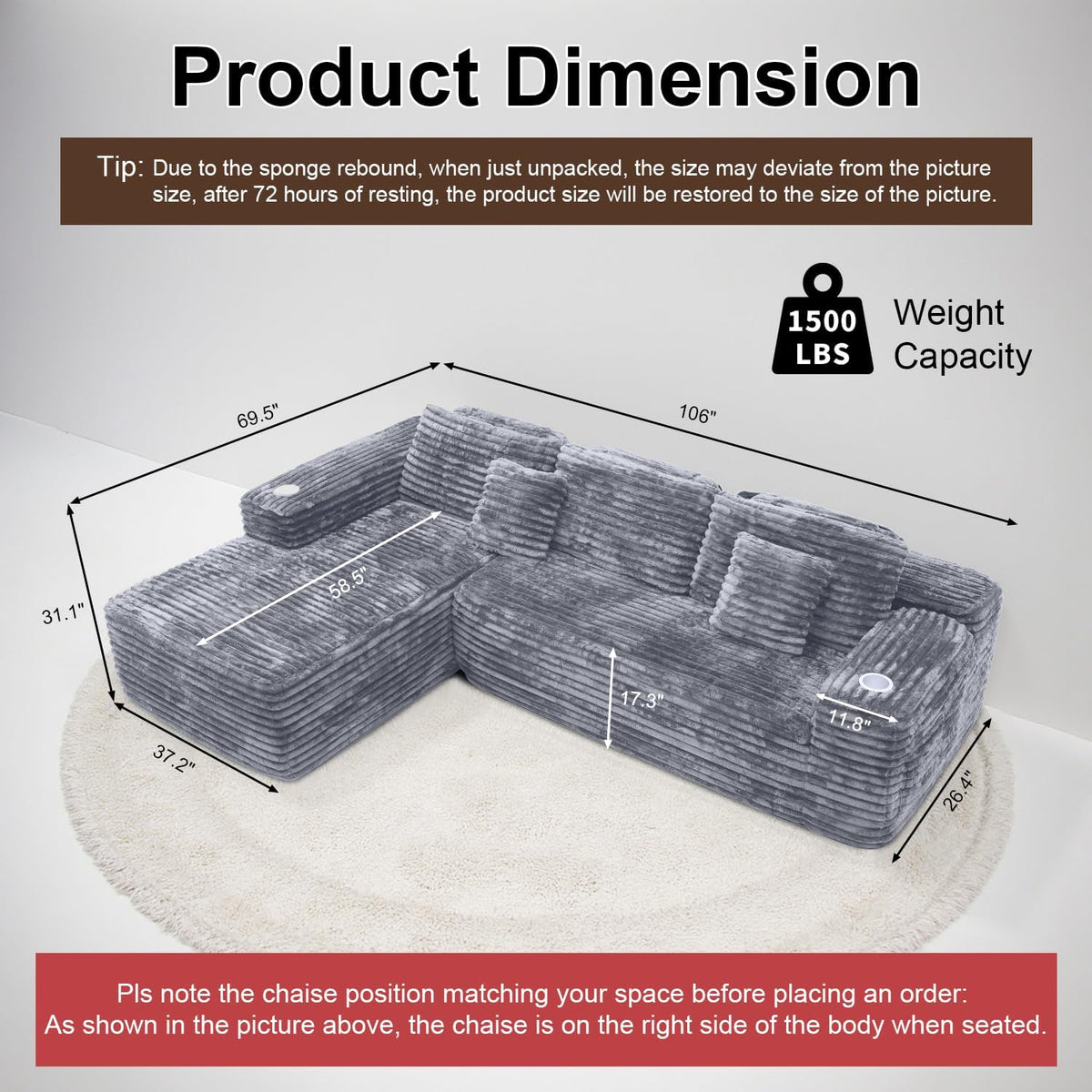 Cloud Sectional Couch with L-Shape Chaise Modern Modular Sofa Deep Seat Built-in Cup Holder