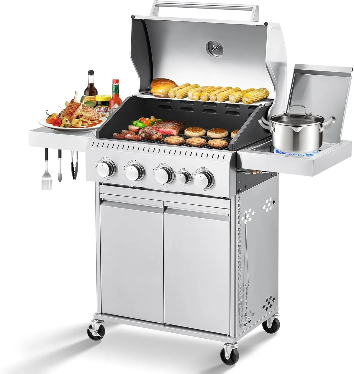 Upgraded 4 Burner BBQ Propane Gas Grill with Cast Iron Grates & Side Stove, 44,000 BTU Stainless Steel Burner Barbecue Grill for Patio, Camping, Outdoor Cooking.