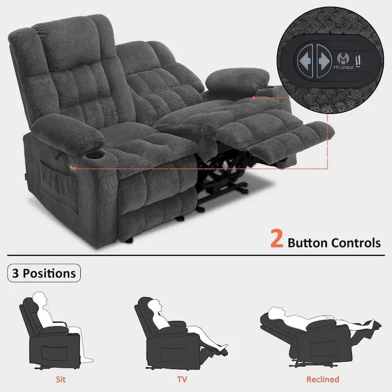 MCombo Power Loveseat Recliner, Electric Reclining Loveseat Sofa with Heat and Vibration, Cupholders, USB Charge Ports RS6314