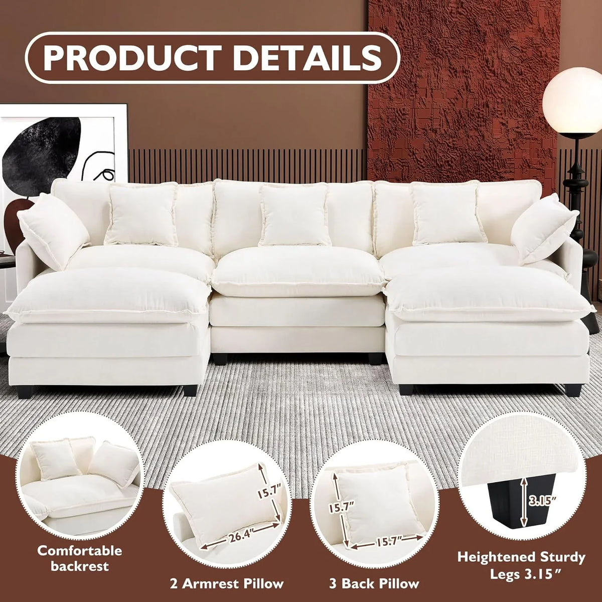 Ihanherry 146" U-Shaped Modern Sofa Modular Sectional Cloud Couch with 2 Ottoman, 6-Seat Chenille Deep Seat Sofa with 6 Pillows for Living Room, Bedroom and Apartment, Grey