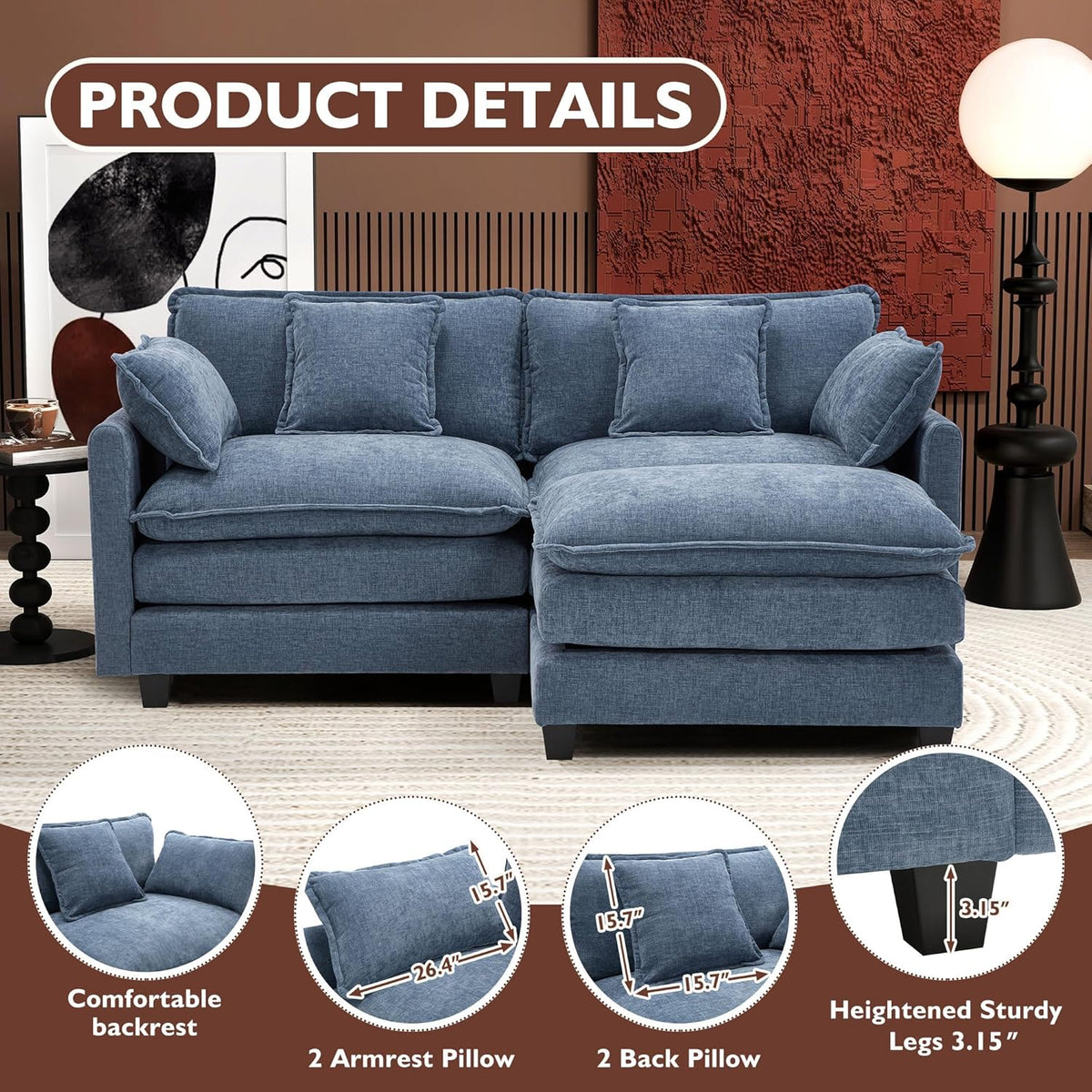 Ihanherry 146" U-Shaped Modern Sofa Modular Sectional Cloud Couch with 2 Ottoman, 6-Seat Chenille Deep Seat Sofa with 6 Pillows for Living Room, Bedroom and Apartment, Grey